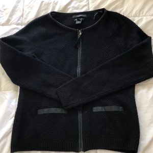 Tahari black cardigan w/faux leather trim